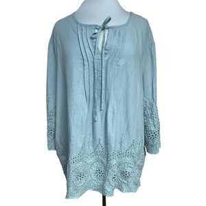 Saint Tropez West Eyelet Linen Blend Pullover Peasant Blouse Top Sz 2X Sky Blue